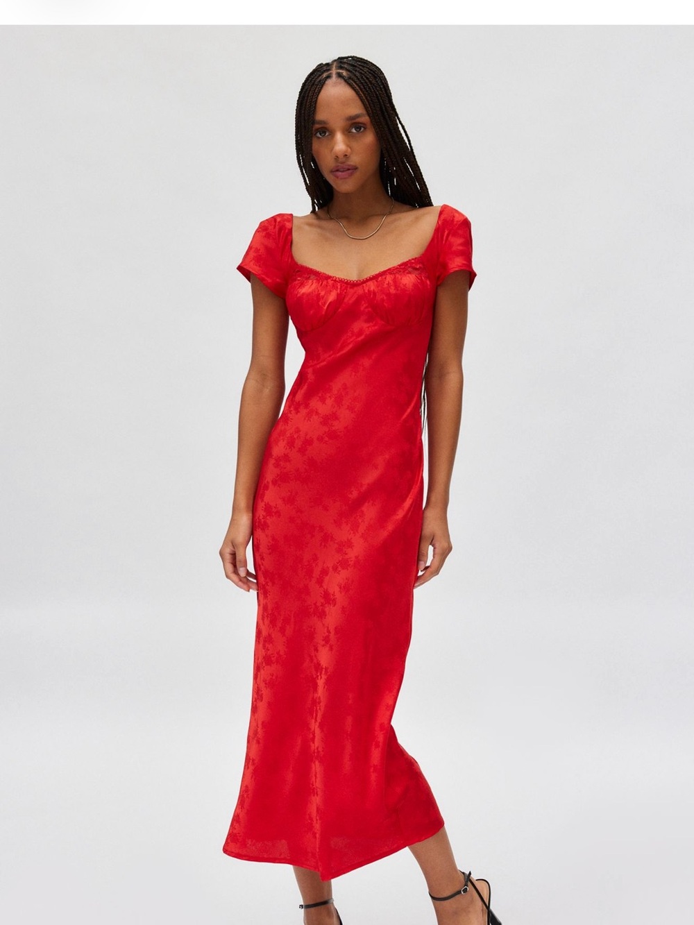 Red Lace-Trim Midi Slip Dress